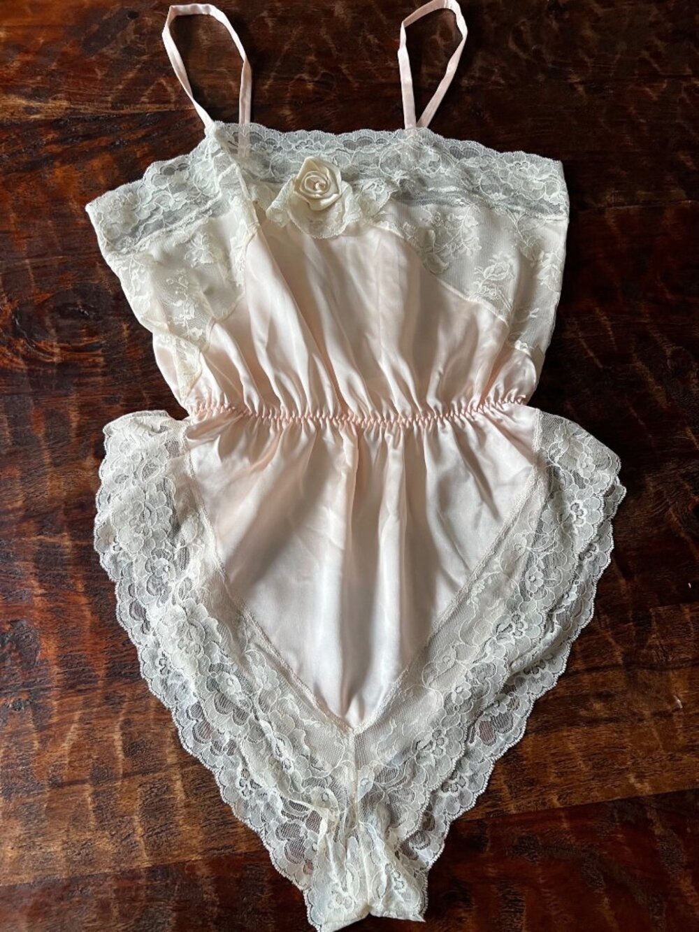 Vintage 80’s Lily Of France Pink Satin & Lace Teddy high rise leg Sz. M